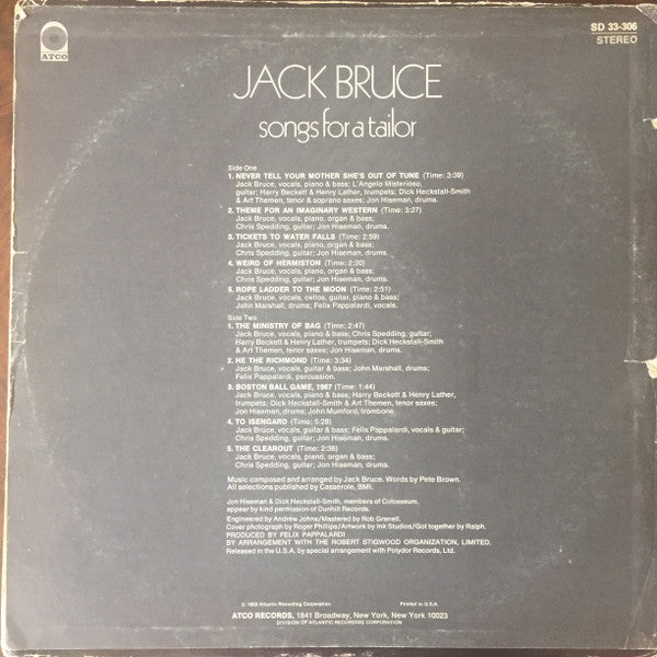 Jack Bruce : Songs For A Tailor (LP, Album, Promo, CTH)