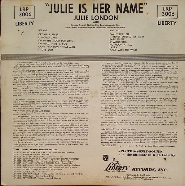 Julie London : Julie Is Her Name (LP, Album, Mono, M/Print, RP, Scr)