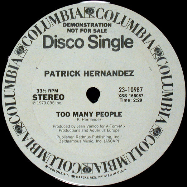 Patrick Hernandez : Born To Be Alive (12", Single, Promo)