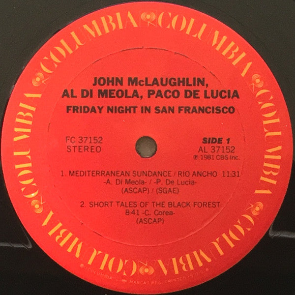 John McLaughlin / Al Di Meola / Paco De Lucía : Friday Night In San Francisco (LP, Album, Pit)