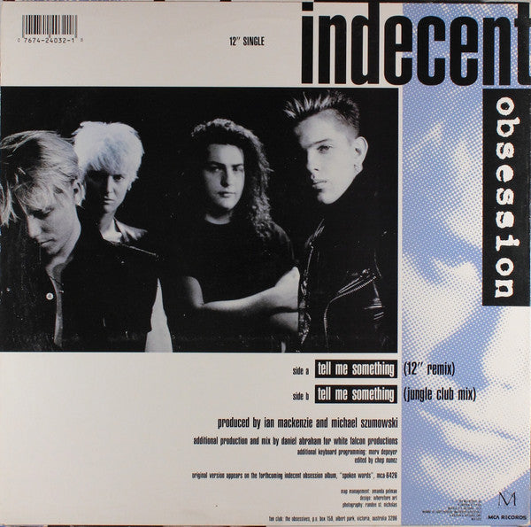 Indecent Obsession : Tell Me Something (12", Single, Glo)