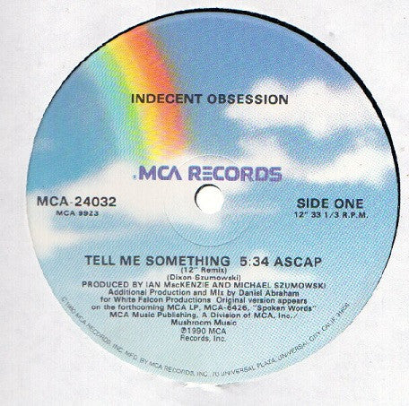 Indecent Obsession : Tell Me Something (12", Single, Glo)