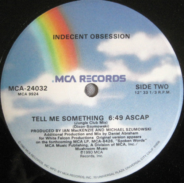 Indecent Obsession : Tell Me Something (12", Single, Glo)