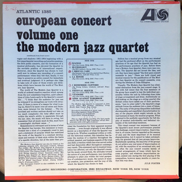 The Modern Jazz Quartet : European Concert: Volume One (LP, Album, Mono, 1st)