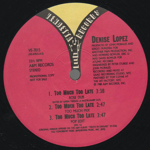 Denise Lopez : Too Much Too Late (12", Single, Promo)