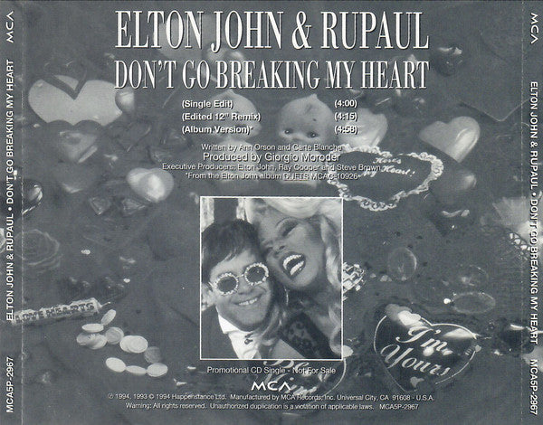 Elton John & RuPaul : Don't Go Breaking My Heart (CD, Single, Promo)