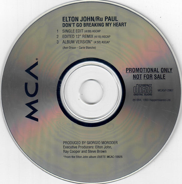 Elton John & RuPaul : Don't Go Breaking My Heart (CD, Single, Promo)