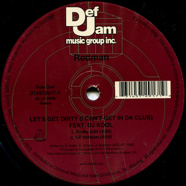 Redman Feat. DJ Kool : Let's Get Dirty (I Can't Get In Da Club) (12", Single, Red)