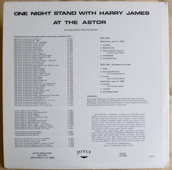 Harry James (2) : One Night Stand With Harry James At The Astor (LP)