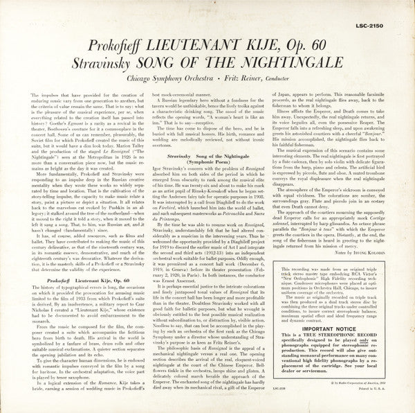 Sergei Prokofiev / Igor Stravinsky / Fritz Reiner, Chicago Symphony Orchestra : Lieutenant Kije / Song Of The Nightingale (LP, Album, Ind)