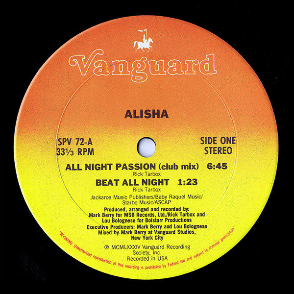 Alisha : All Night Passion (12", Single)