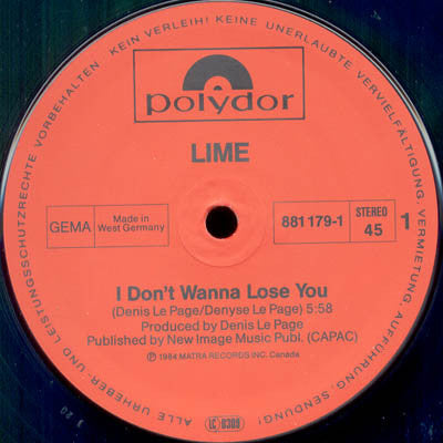 Lime (2) : I Don't Wanna Lose You / The Party's Over (12", Maxi)