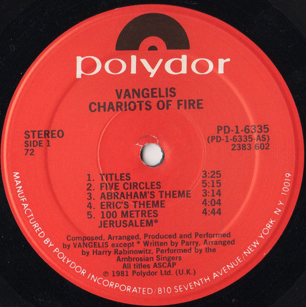 Vangelis : Chariots Of Fire (LP, Album, 72 )