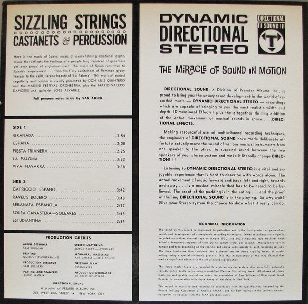 Don Luis Quintero & The Madrid Festival Orchestra*, Mario Valero Group, Jose Alvarez (2) : Sizzling Strings, Castanets & Percussion (LP, Album, Gat)
