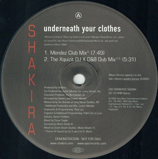 Shakira : Underneath Your Clothes (Lester Mendez & DJ X Remixes) (12", Promo)