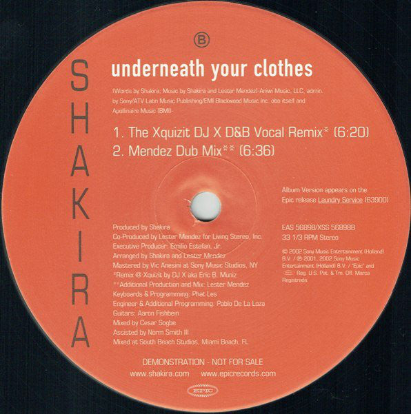 Shakira : Underneath Your Clothes (Lester Mendez & DJ X Remixes) (12", Promo)