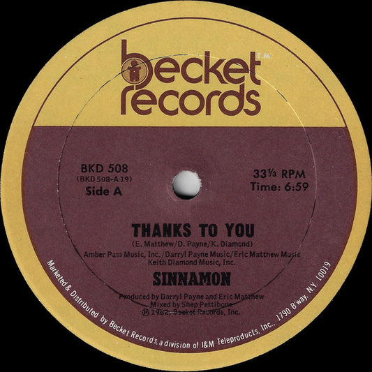 Sinnamon : Thanks To You (12", Single)