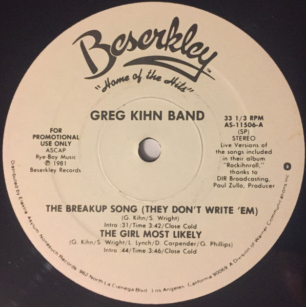 The Greg Kihn Band* : The Breakup Song · The Girl Most Likely (12", Promo)